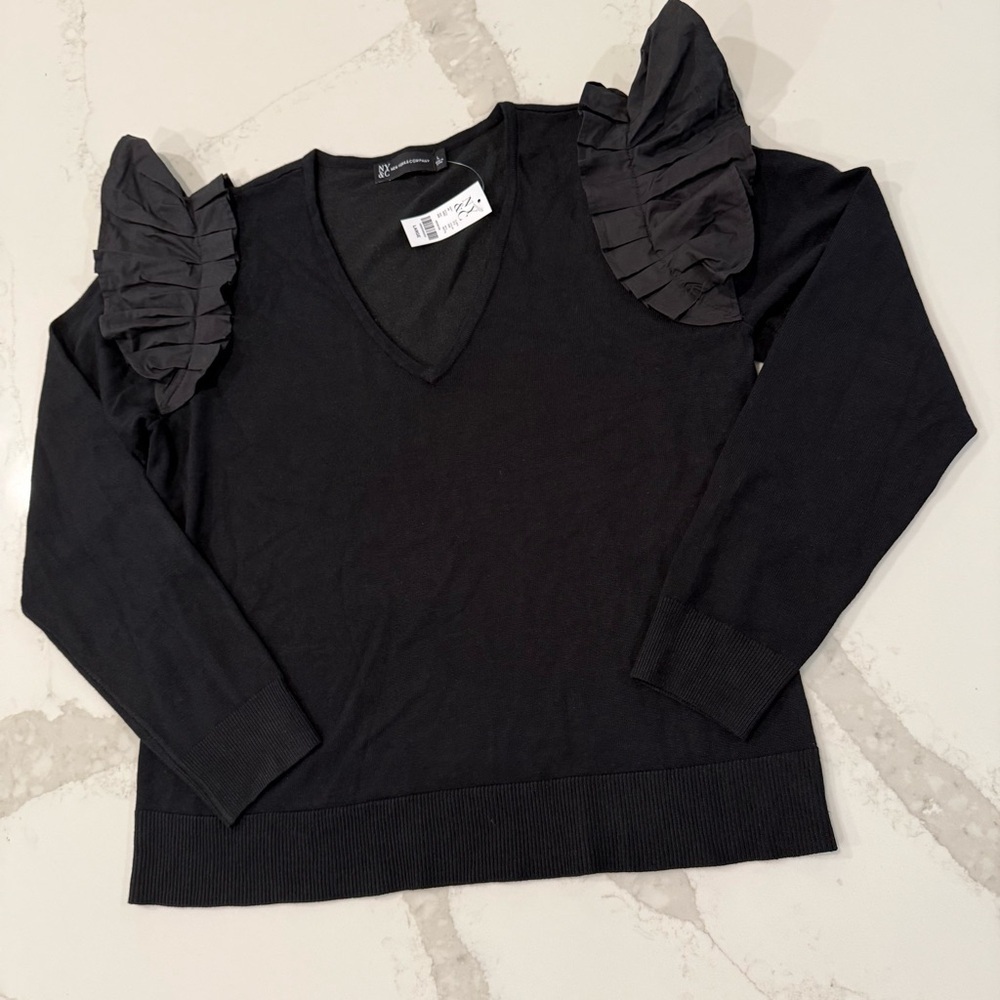 New York & Company NWT Ruffle Shoulder Long Sleeve Top Womens Large Black Classy - Picture 2 of 5